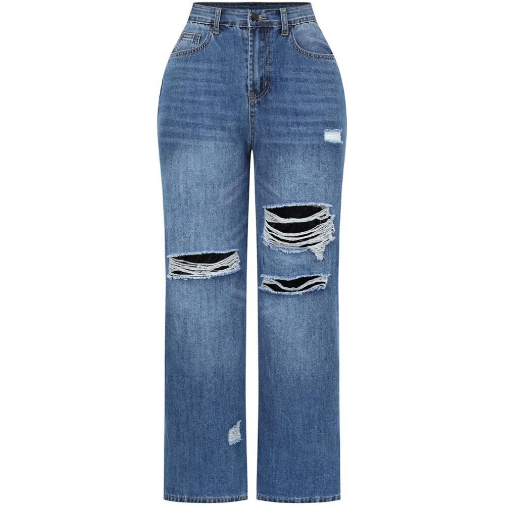 Women’s High Waisted Wide Leg Stretch Denim Jeans Distressed Casual Pants